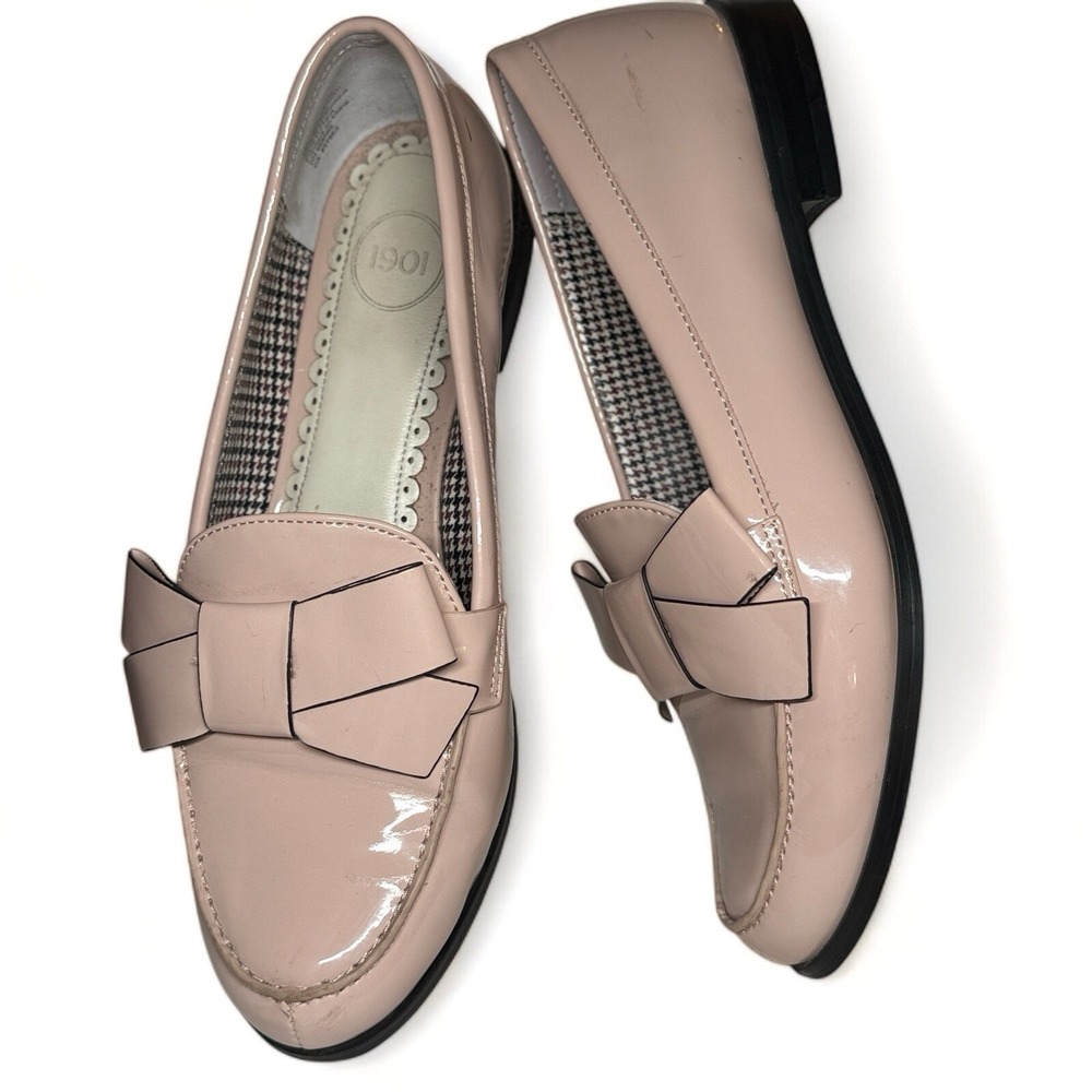 NEW 1901 Shoes Women's Sz 8 Pink Patent Flat Slip On Asreenie Lace Bow Tie EUC